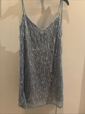 Light Blue Beaded Fringe Slip Dress